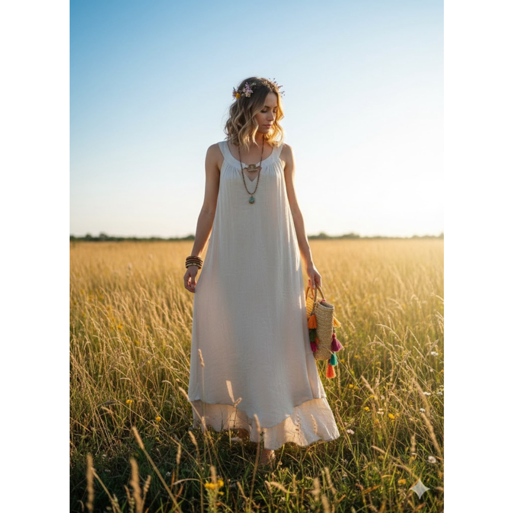 Luxology Boho Maxi Dress Beige Gauze Sleeveless 3X